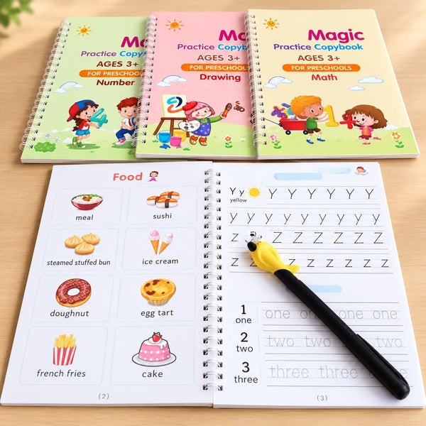 Practice Copybook for Kids, 4 Books with Pen